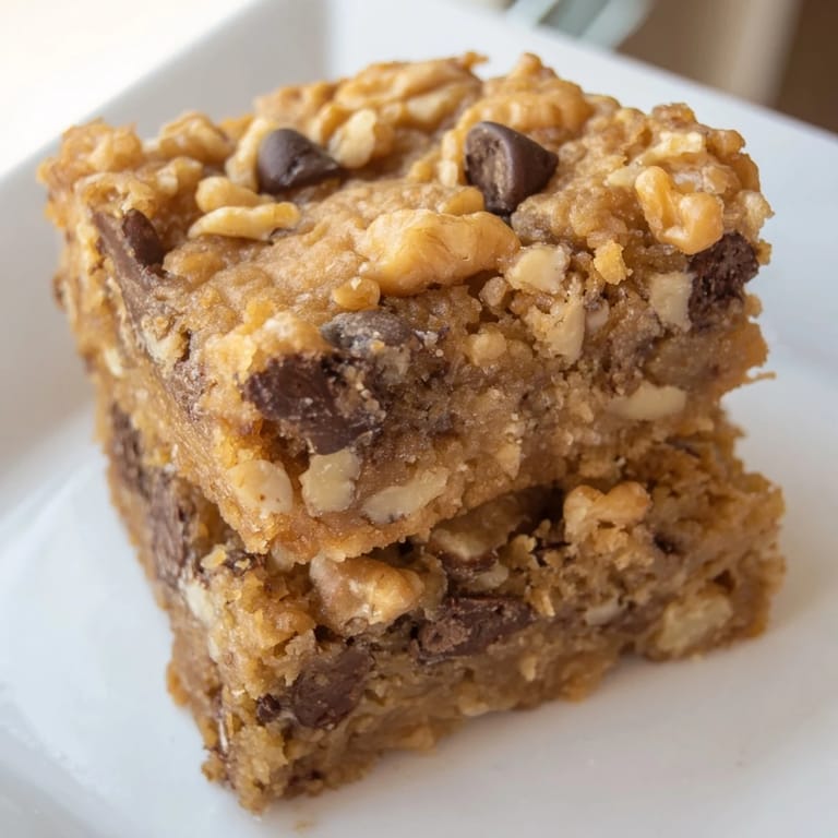 This image shows freshly baked blondies with melted chocolate chips and a sprinkling of nuts: a classic American dessert.