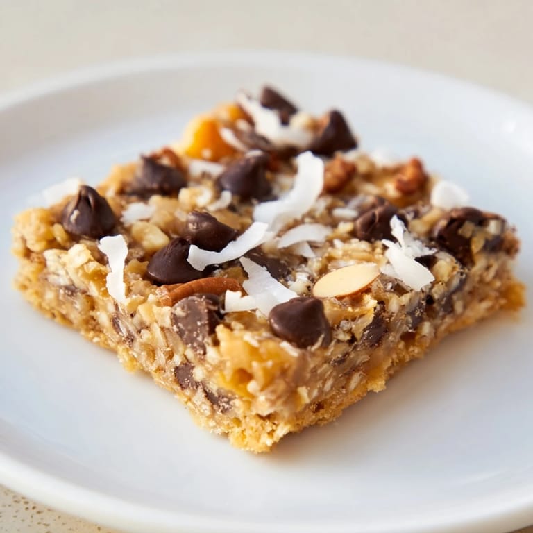 Served on a white plate, these classic Magic Cookie Bars are loaded with chocolate and coconut.