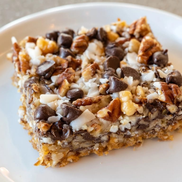 A close-up shot of gooey Magic Cookie Bars, showing layers of chocolate, coconut, and nuts.