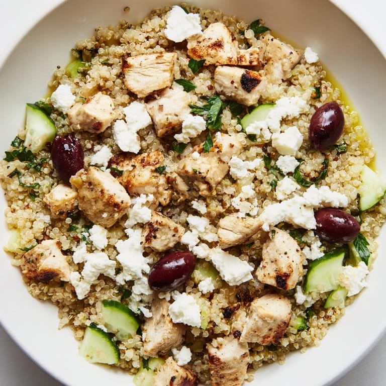 A vibrant Mediterranean Chicken Bowl with spiced chicken, creamy feta, and a zesty lemon-oregano dressing drizzle.
