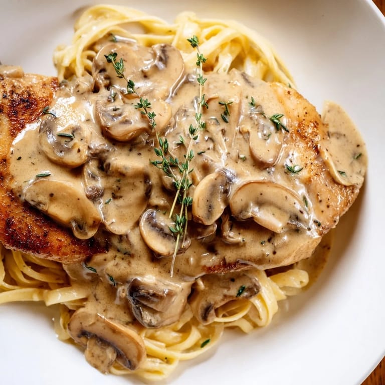 Close-up of tender Creamy Chicken Marsala with a rich, velvety mushroom sauce clinging to the pasta, topped with a sprinkle of Parmesan cheese.  