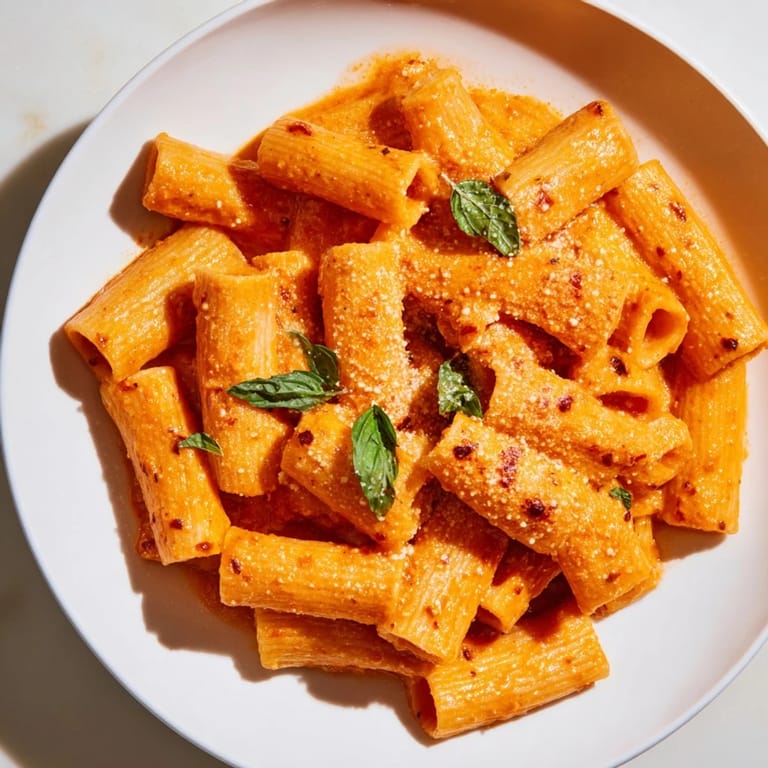 Golden Spicy Rigatoni Pasta plated with extra Parmesan and basil, ideal for a comforting vegetarian dinner.