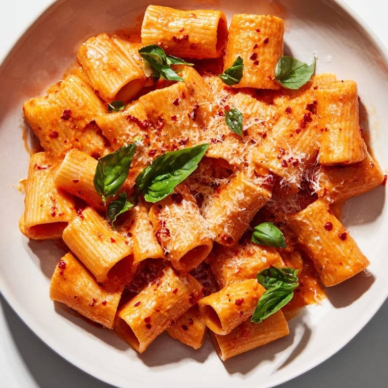 Creamy tomato sauce clings to Spicy Rigatoni Pasta, steam rising from a hearty Italian-American main dish.