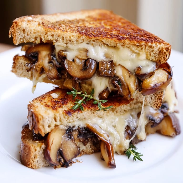 Homemade Mushroom Swiss Grilled Cheese sandwich served warm, perfect with a cup of tomato soup on a rustic table.