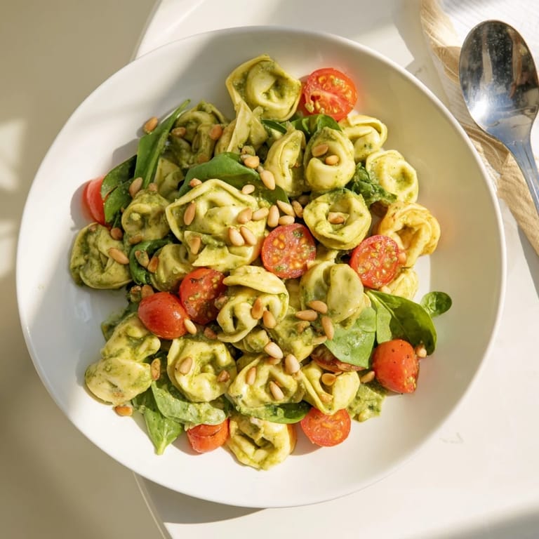 Cool, cooked Pesto Tortellini Salad tossed with basil pesto dressing, topped with toasted pine nuts and grated Parmesan.