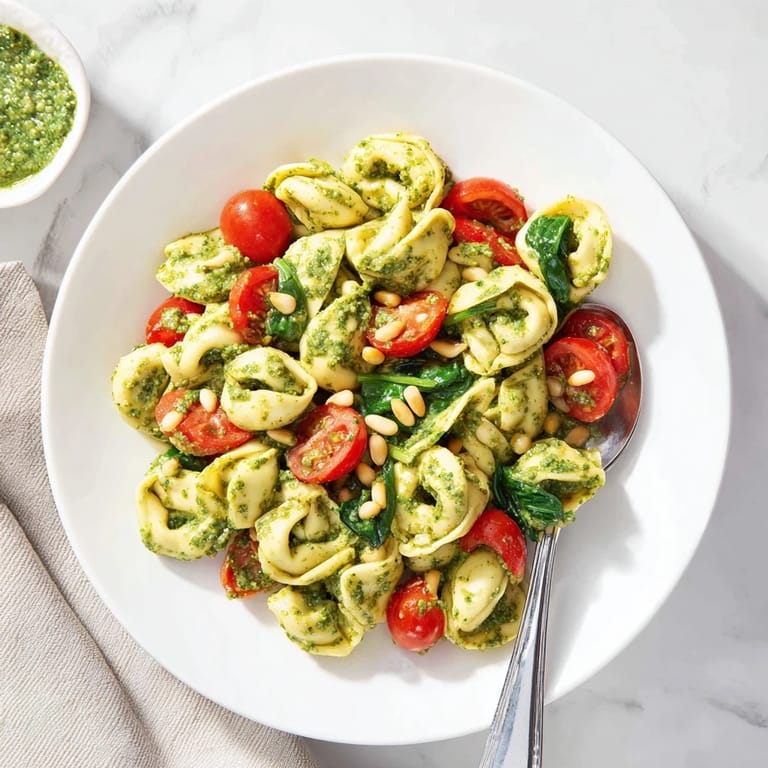 Bright summer serving of Pesto Tortellini Salad with juicy tomatoes and fresh spinach, ready for a picnic or potluck.
