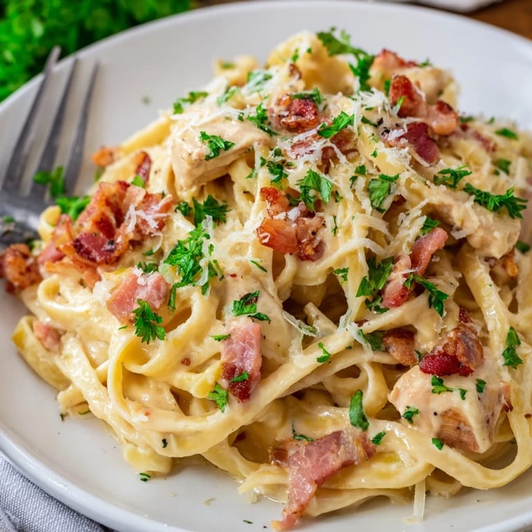 A close-up of Chicken Carbonara twirled on a fork, showcasing tender chicken and freshly cracked black pepper.  