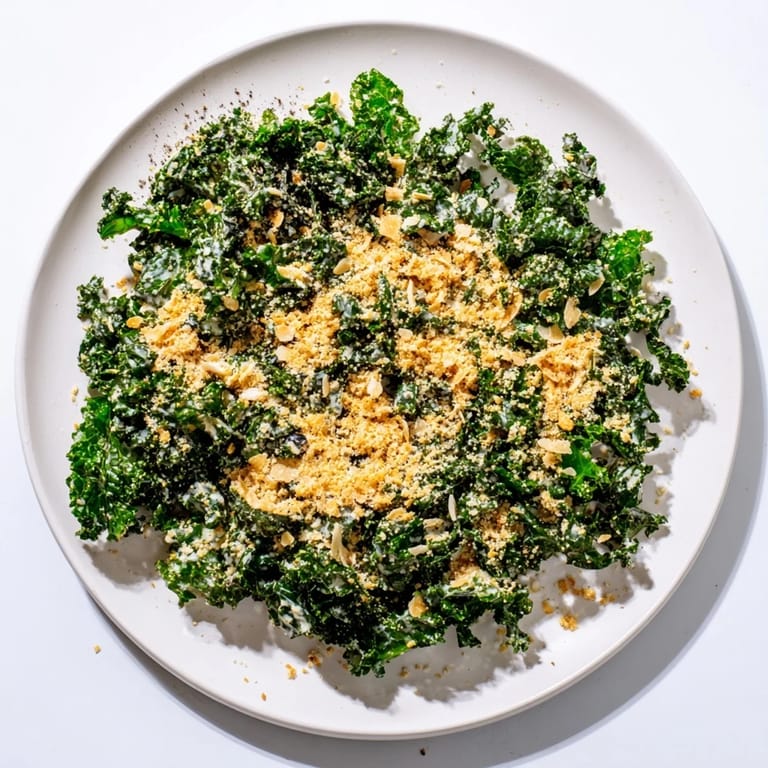 Freshly tossed Garlic Parmesan Kale Salad with vibrant green leaves, creamy dressing, and toasted panko breadcrumbs for added crunch.