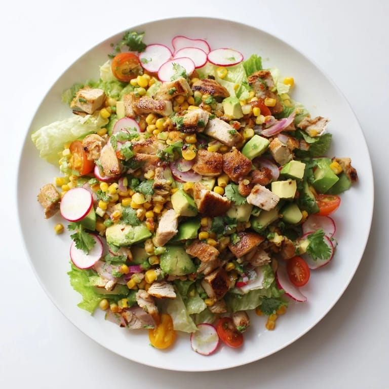 Bright Roasted Corn & Chicken Chopped Salad served in a rustic bowl, featuring juicy chicken and a zesty lime dressing.  