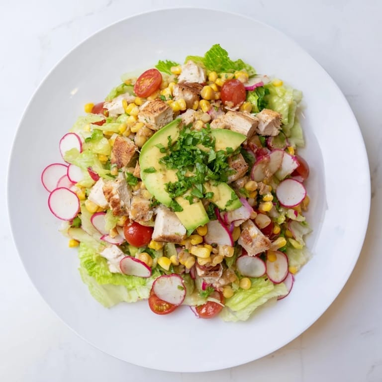 Overhead view of Roasted Corn & Chicken Chopped Salad with cherry tomatoes, radishes, and fresh cilantro garnish.