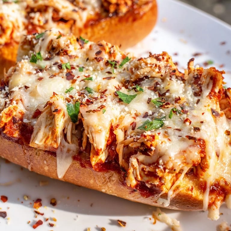 Cheesy, saucy Chicken Parm Stuffed Garlic Bread served hot on a cutting board for game day.