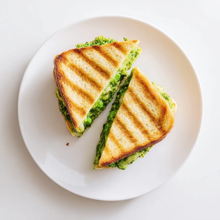 Two halves of a Spring Pea Pesto Grilled Cheese on a plate, with fresh pea tendrils and basil garnish.