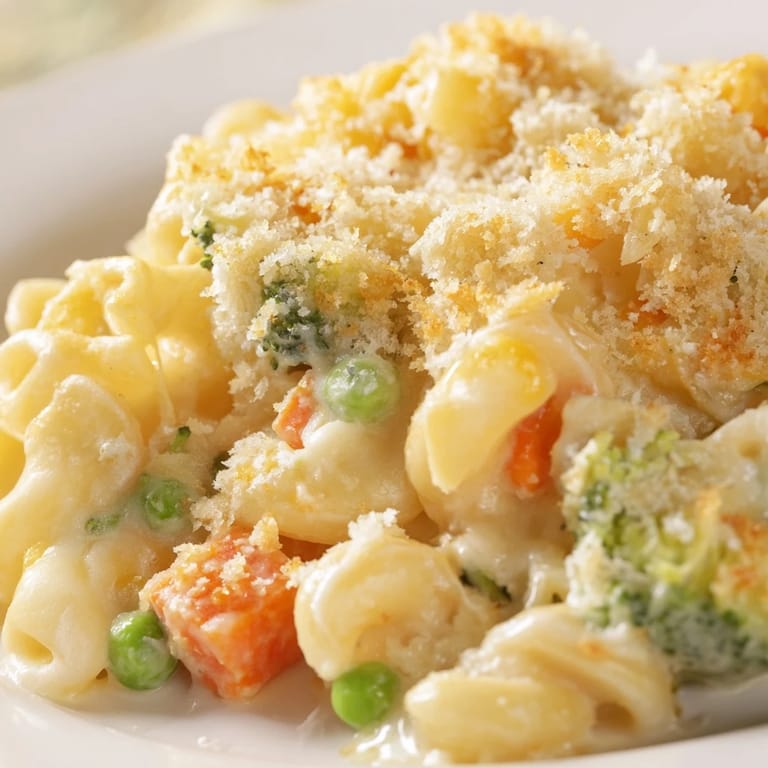 A serving of homemade Garden Veg Mac and Cheese on a white plate, showcasing colorful peas, carrots, and broccoli florets.