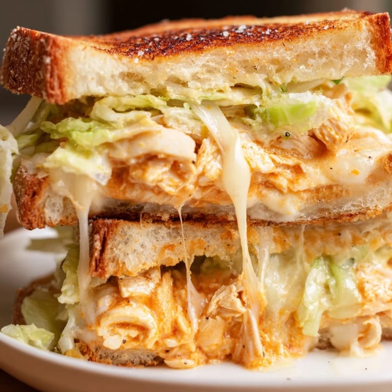 This easy Buffalo Chicken Caesar Grilled Cheese is served sliced on a rustic wooden board, ready for a casual lunch.