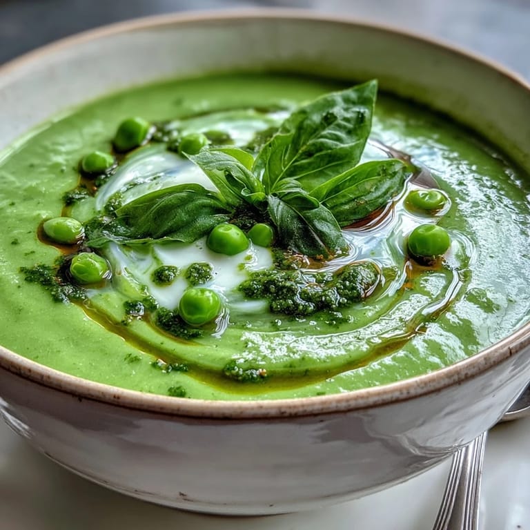 Steaming bowl of Courgette, Pea and Pesto Soup garnished with fresh basil and a dollop of yogurt.