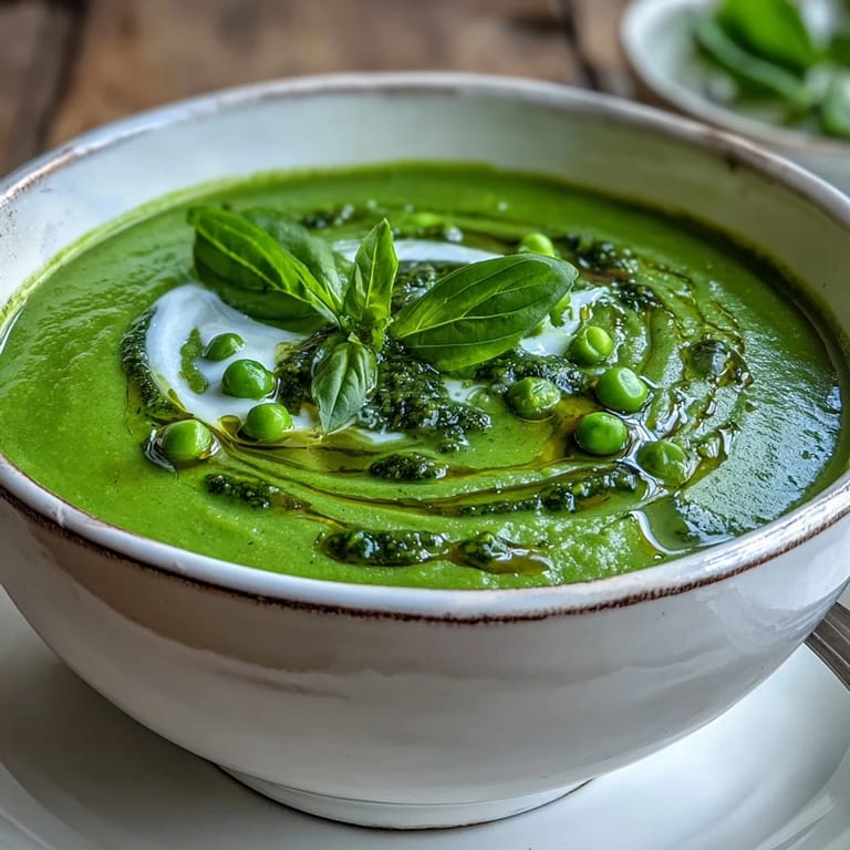 A vibrant bowl of Courgette, Pea and Pesto Soup served with crusty bread on a sunny table.