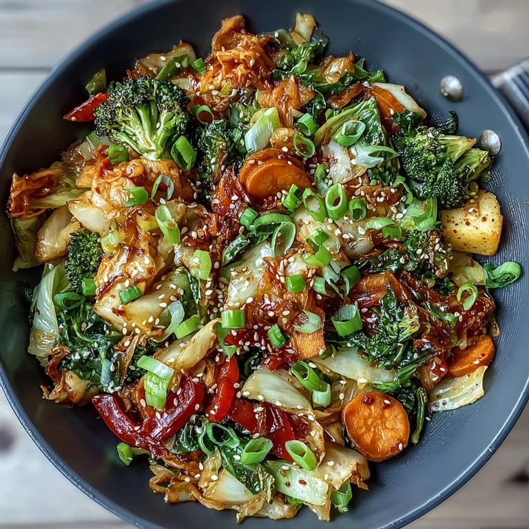 In this image, crisp-tender veggies and chopped kimchi highlight the probiotic-rich finish of a cozy comforting fermented veggie winter stir-fry.