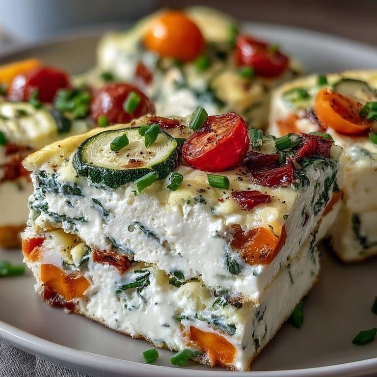 Freshly baked High-Protein Sheet Pan Eggs With Cottage Cheese and Veggies, loaded with spinach, tomatoes, and bell peppers on a rustic tray.
