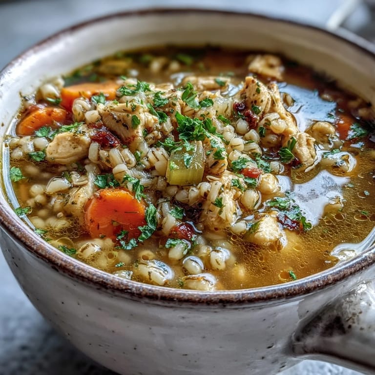 Serving suggestion for Soothing Turmeric Chicken With Pearl Barley, ladled from a pot with steam rising and crusty bread nearby.