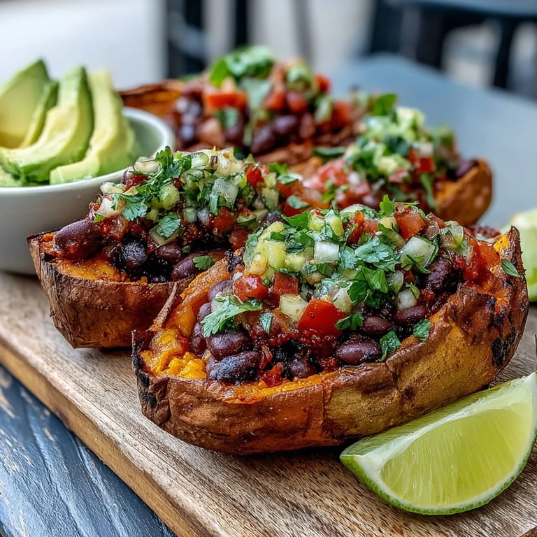 A close-up of roasted sweet potatoes with chipotle black beans and zesty tomato salsa, garnished with fresh cilantro and lime.