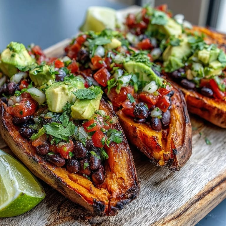 Colorful bowl of roasted sweet potatoes with chipotle black beans and zesty tomato salsa, topped with avocado and cilantro.