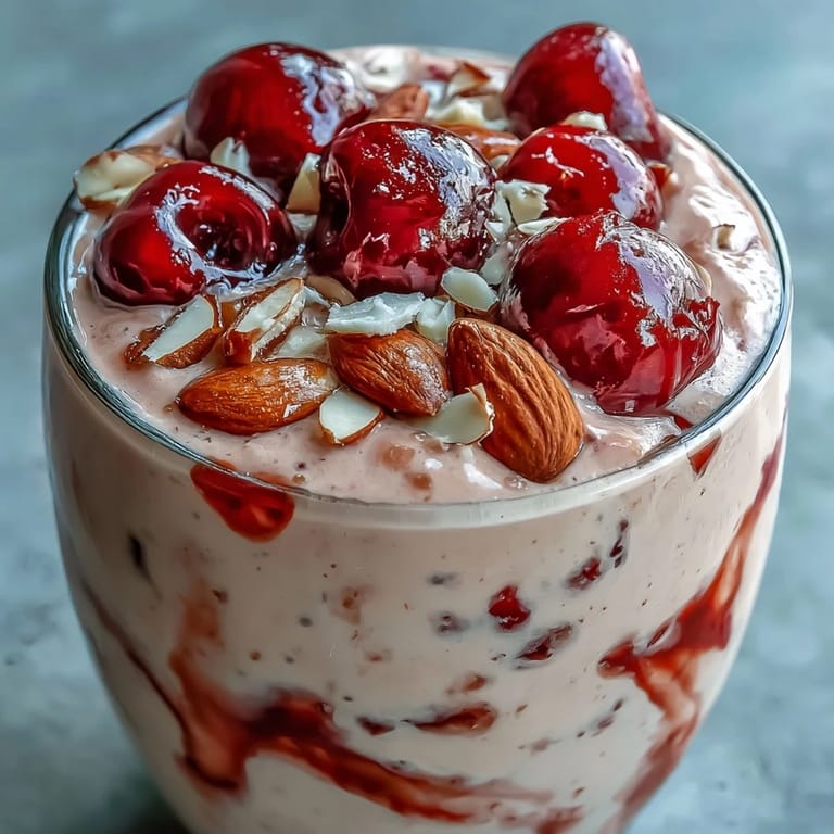 Creamy Cherry Almond Smoothie poured into a clear glass with a striped straw, topped with a few extra cherries for flair.