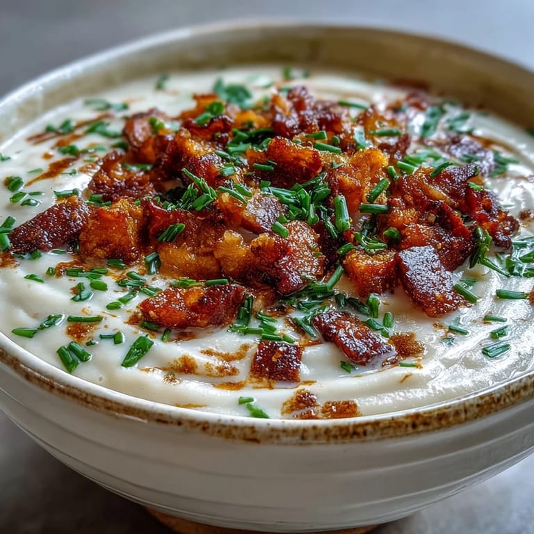 Velvety Celeriac Soup with Crispy Bacon topped with crunchy bacon bits and fresh chives beside crusty bread.