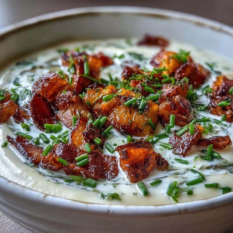 Golden Celeriac Soup with Crispy Bacon ladled into a white bowl, steam rising, ready for a cozy dinner.