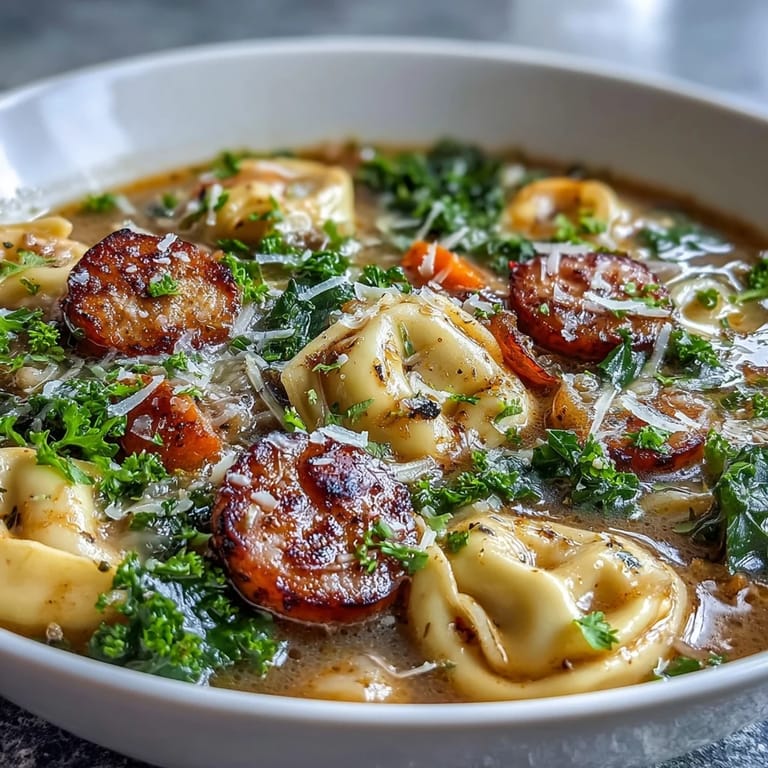 Close-up of simmering Pumpkin Tortellini Soup featuring tender pumpkin, savory chicken sausage, and vibrant green kale.