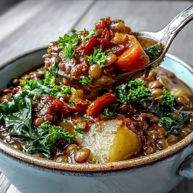 Rustic Dutch oven filled with steaming Vegetarian Lentil Stew, served with crusty bread on a wooden table.