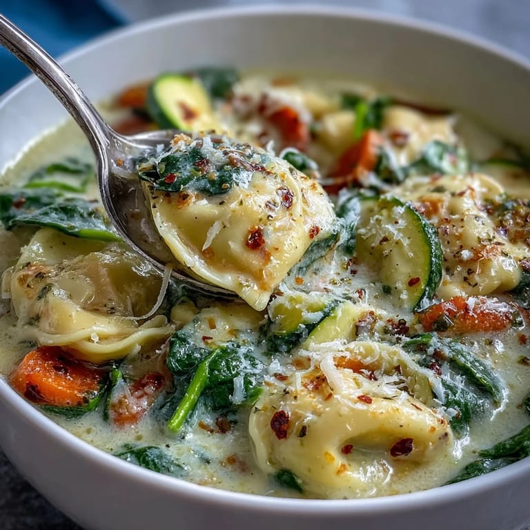 Overhead view of Creamy Vegetable Tortellini Soup in a rustic bowl, featuring colorful veggies and cheesy tortellini.