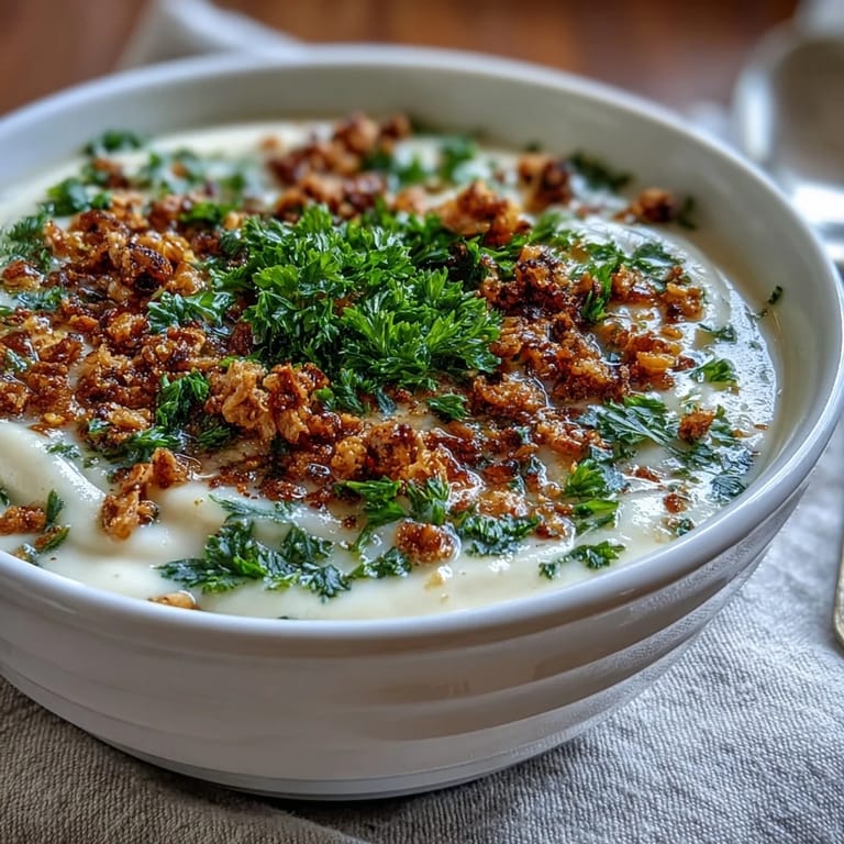 A warm bowl of Celeriac Soup With Hazelnut Crumble, topped with a golden, crunchy hazelnut and parsley mixture.