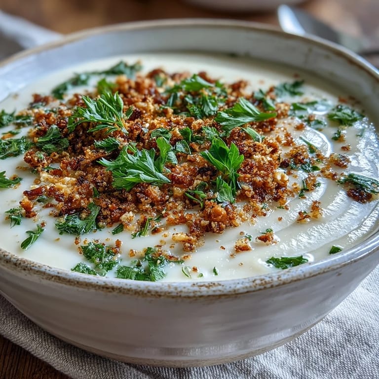 Creamy Celeriac Soup With Hazelnut Crumble served in a rustic bowl, perfect with a slice of crusty bread.