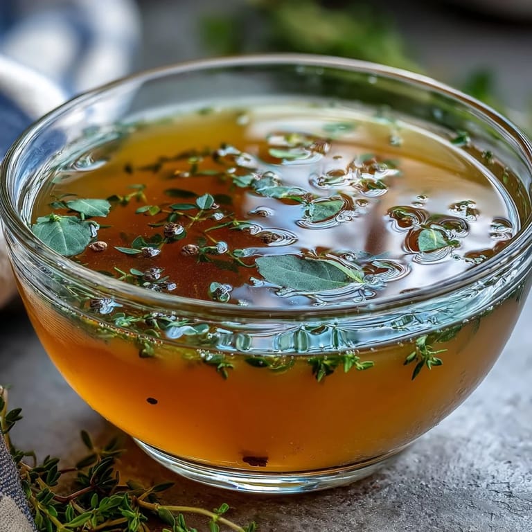 A fine-mesh sieve strains the golden Vegetable Broth From Scraps into a glass measuring cup.