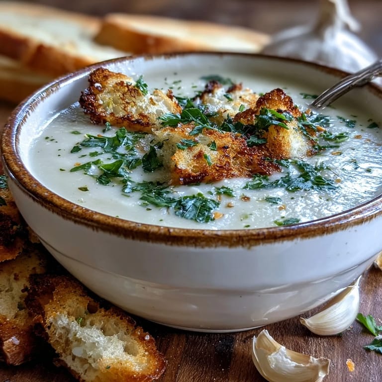 A steaming bowl of Roasted Garlic Soup next to toasted gluten-free bread for dipping.