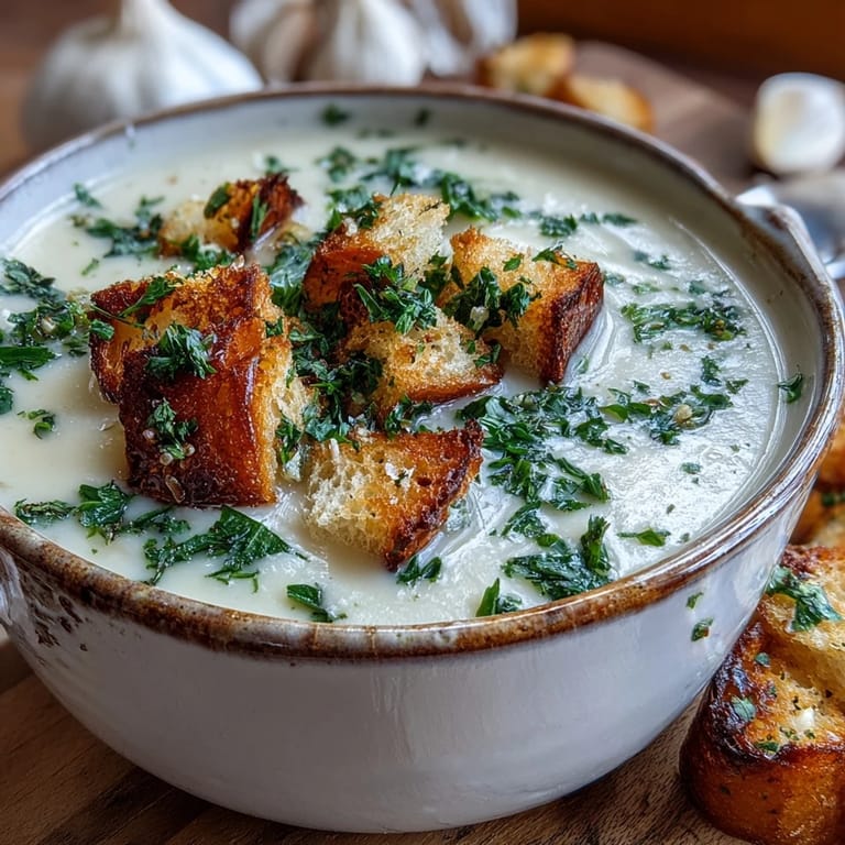 Homemade Roasted Garlic Soup garnished with parsley and a swirl of olive oil, served hot.