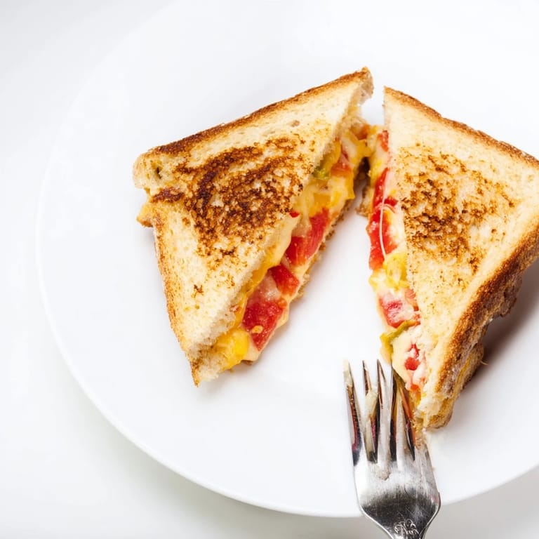 Pepper Jack & Tomato Grilled Cheese with crispy crust and gooey, spicy filling ready to eat.  