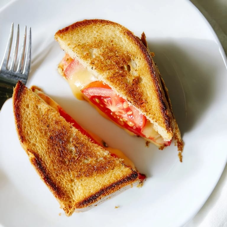 A close-up of Pepper Jack & Tomato Grilled Cheese served beside a bowl of creamy tomato soup.