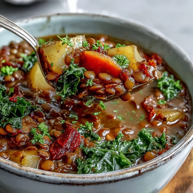 A ladle pours hearty Vegetarian Lentil Stew rich with carrots, potatoes, and kale into a bowl.