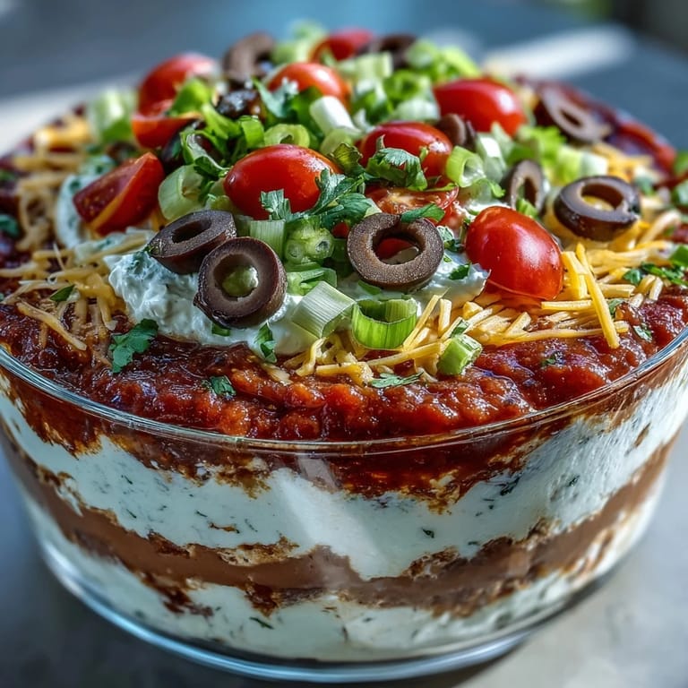Close-up of a scoop of Four-Way Layered Dip being lifted with a tortilla chip, revealing creamy and chunky layers. 