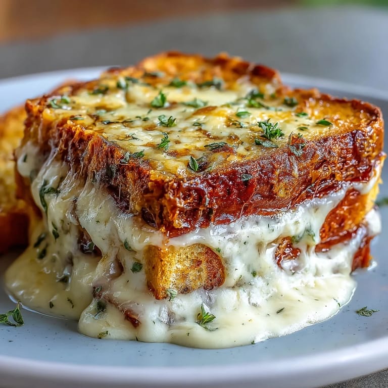 Serving a slice of cheesy Croque Monsieur Casserole on a white plate, cut to reveal layers of ham and bread.