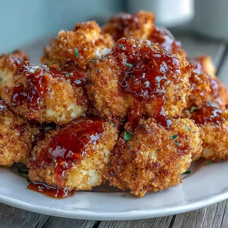 A close-up of golden Crunchy Baked Hot Honey Cauliflower florets, showcasing the crispy crust and sticky glaze garnished with red pepper flakes.