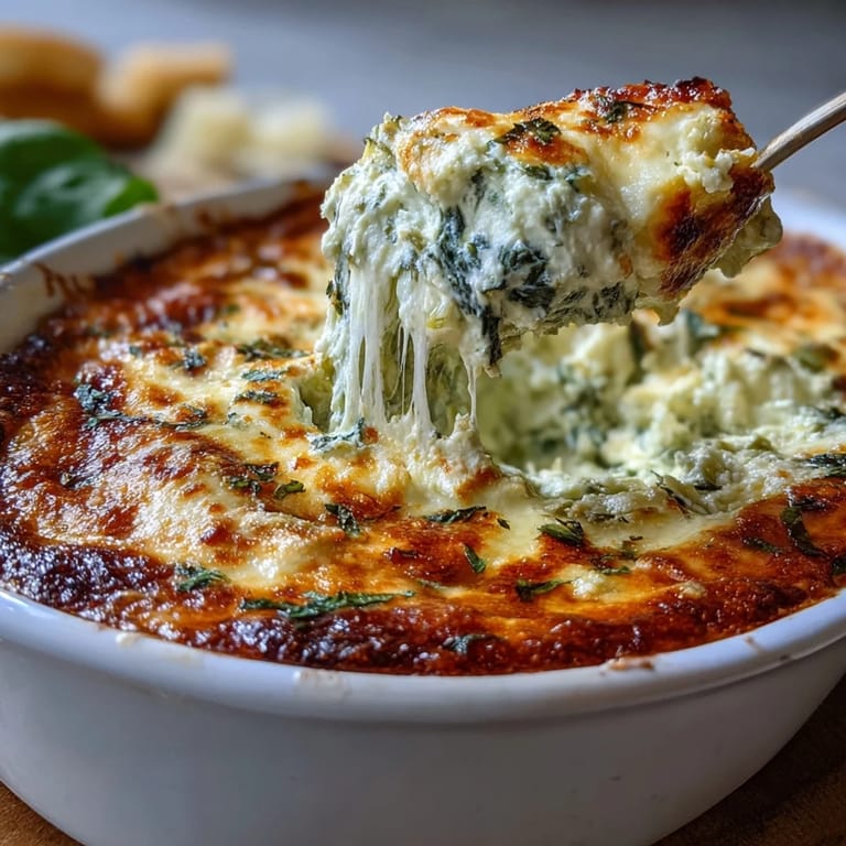 Serve this hot, cheesy spinach artichoke dip with sliced baguette and crisp veggies at a party.