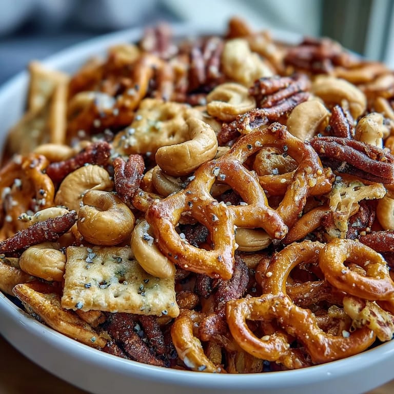 Everything Ranch Cheese and Pretzel Snack Mix in a rustic bowl, ready to serve at a party with tangy ranch seasoning and bagel spices.