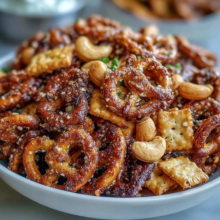 A close-up of baked Everything Ranch Cheese and Pretzel Snack Mix, highlighting the savory blend of melted butter, herbs, and crunchy rye chips.