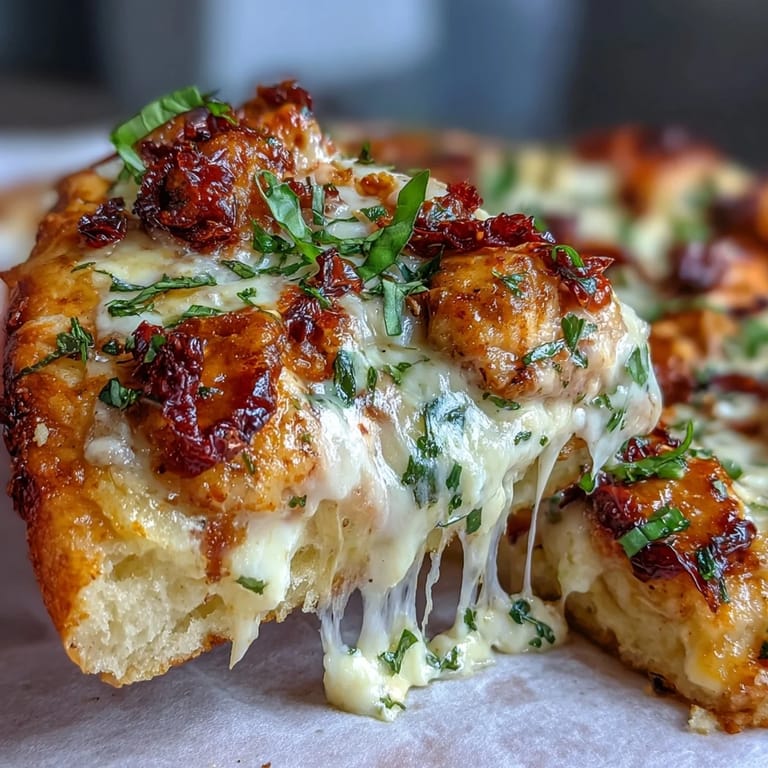 A close-up of Marry Me Chicken Pizza, highlighting bubbling mozzarella and a savory, garlicky chicken topping.