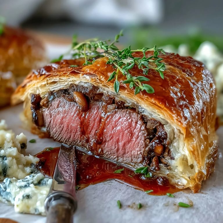 A plated slice of Beef Wellington revealing tender pink beef and savory duxelles, accompanied by roasted asparagus and mashed potatoes.