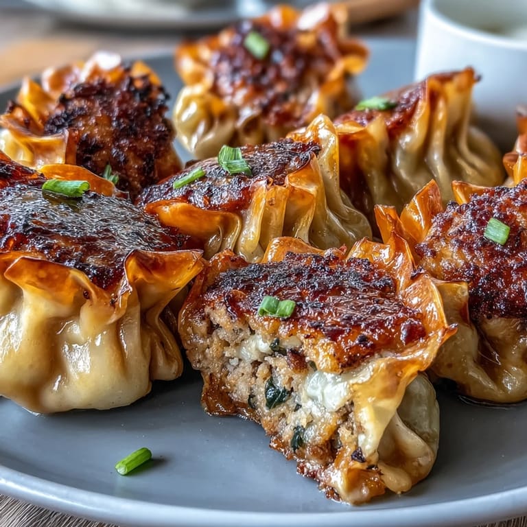 Steam rising from a skillet of sizzling Smash Dumplings, highlighting their crackled edges and juicy, ginger-scented pork centers. 