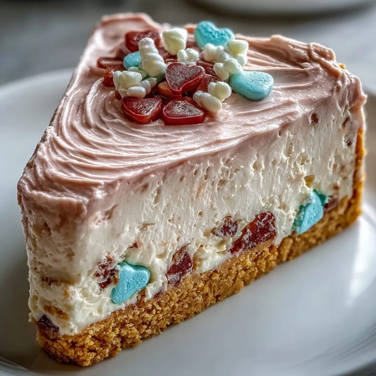 Close-up of a Candy Hearts Fake Cake, showing crushed candy hearts and rainbow sprinkles pressed onto the sweet frosting.