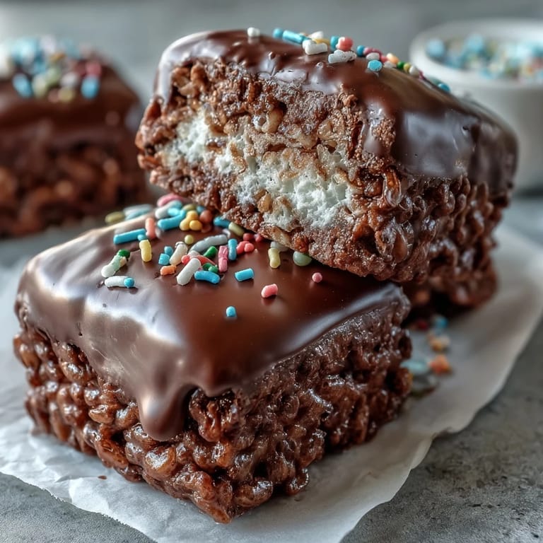 Chocolate Covered Rice Krispy Treats cut into neat squares, served on a white plate ready for parties.